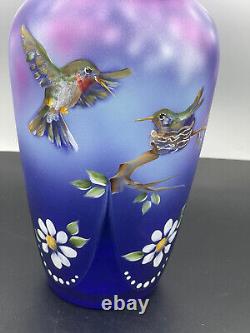 Fenton Gift Shop 2023 Cobalt Satin Hummingbird Vase Ltd Ed 18/42