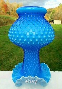 Fenton Glass 1960's Opaque Overlay Blue Hobnail Vase 11H GORGEOUS