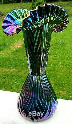 Fenton Glass Blue-Amethyst Carnival Iridescent Crimped Fan Vase 11.5T x 6.5W