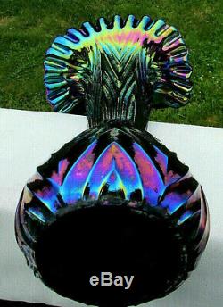 Fenton Glass Blue-Amethyst Carnival Iridescent Crimped Fan Vase 11.5T x 6.5W