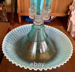 Fenton Glass Blue Opalescent Epergne Bowl 4 Lily Horn Vases Vintage