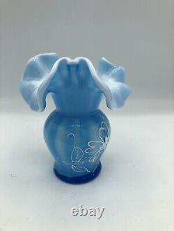 Fenton Glass Case Hand Painted Blue White Ribbon Glass