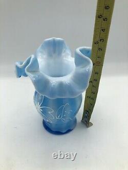 Fenton Glass Case Hand Painted Blue White Ribbon Glass