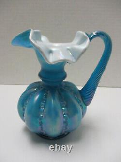Fenton Glass Cased Iridescent Turquoise Blue & White Melon Vase Pitcher HTF