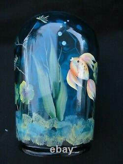 Fenton Glass Hand Painted Gold Koi Betta Fish Flip Vase in Blue w Stand 7 1/2