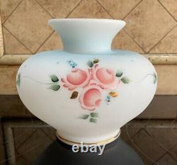 Fenton Glass White Satin Vase Roses Blue Accent Hand Painted
