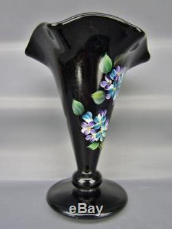 Fenton HP BLUE HYDRANGEAS Black Art Glass Ruffled Trumpet Vase 6263