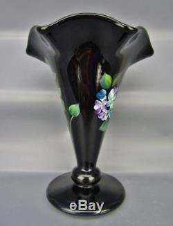 Fenton HP BLUE HYDRANGEAS Black Art Glass Ruffled Trumpet Vase 6263