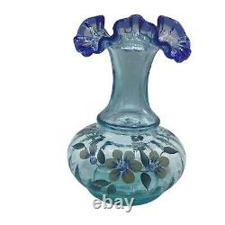 Fenton Hand-Painted Floral Glass Vase With Blue Ruffled Top 6 1/4Signed K. Brig