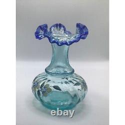 Fenton Hand-Painted Floral Glass Vase With Blue Ruffled Top 6 1/4Signed K. Brig