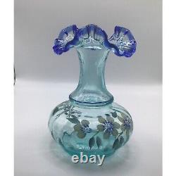 Fenton Hand-Painted Floral Glass Vase With Blue Ruffled Top 6 1/4Signed K. Brig