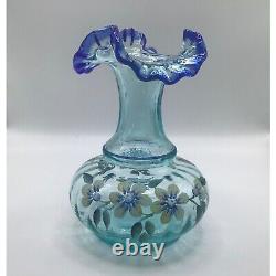 Fenton Hand-Painted Floral Glass Vase With Blue Ruffled Top 6 1/4Signed K. Brig