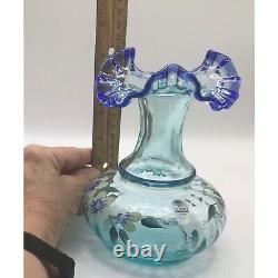 Fenton Hand-Painted Floral Glass Vase With Blue Ruffled Top 6 1/4Signed K. Brig