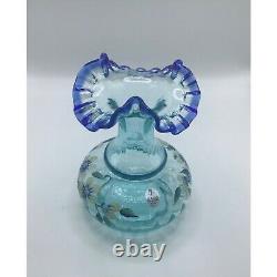 Fenton Hand-Painted Floral Glass Vase With Blue Ruffled Top 6 1/4Signed K. Brig