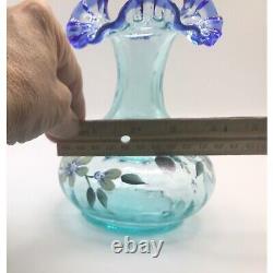 Fenton Hand-Painted Floral Glass Vase With Blue Ruffled Top 6 1/4Signed K. Brig