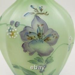 Fenton Handpainted Vase Signed Smith Mint Green & Blue Iridescent Ruffled Edge
