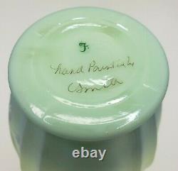 Fenton Handpainted Vase Signed Smith Mint Green & Blue Iridescent Ruffled Edge
