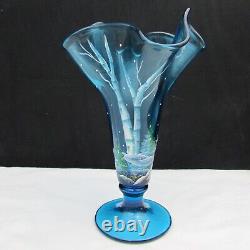 Fenton Indigo Blue Silver Birch Hand Painted Swung Vase 2008 P86