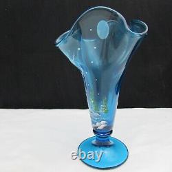 Fenton Indigo Blue Silver Birch Hand Painted Swung Vase 2008 P86