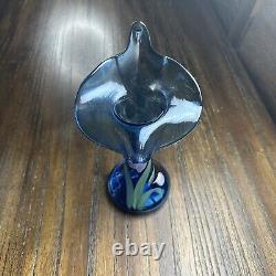Fenton Jack in the Pulpit Tulips On MIDNIGHT BLUE Art Glass Vase Hand Painted