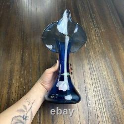 Fenton Jack in the Pulpit Tulips On MIDNIGHT BLUE Art Glass Vase Hand Painted