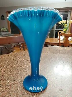 Fenton Jamestown Blue Overlay Ruffled Fan Vase-HUGE