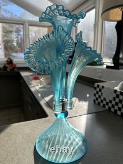 Fenton Large triple Jack in the Pulpit Blue carnival glass vase c. 16 tall
