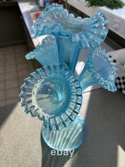 Fenton Large triple Jack in the Pulpit Blue carnival glass vase c. 16 tall