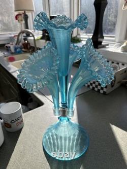 Fenton Large triple Jack in the Pulpit Blue carnival glass vase c. 16 tall