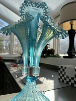 Fenton Large triple Jack in the Pulpit Blue carnival glass vase c. 16 tall