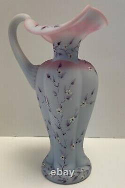 Fenton Lavender Satin Blue Burmese Ewer Pitcher Vase Handpainted D. Barleas