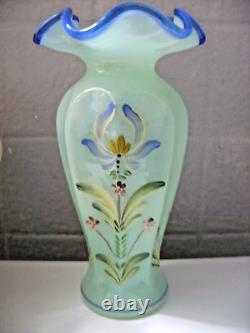 Fenton M. Caplinger (hp) Light Blue Floral Vase With A Cobalt Blue Crest