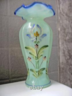 Fenton M. Caplinger (hp) Light Blue Floral Vase With A Cobalt Blue Crest