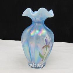 Fenton Mist Blue Satin Irises Hand Painted Aurora Vase 1998 C122