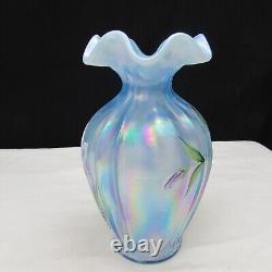 Fenton Mist Blue Satin Irises Hand Painted Aurora Vase 1998 C122