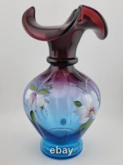 Fenton Mulberry Hex Vase Art Glass Signed George Fenton Rare 1997 Blue to Purple