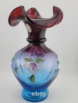 Fenton Mulberry Hex Vase Art Glass Signed George Fenton Rare 1997 Blue to Purple
