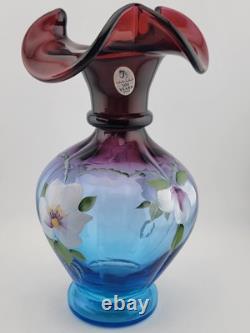 Fenton Mulberry Hex Vase Art Glass Signed George Fenton Rare 1997 Blue to Purple