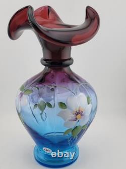 Fenton Mulberry Hex Vase Art Glass Signed George Fenton Rare 1997 Blue to Purple
