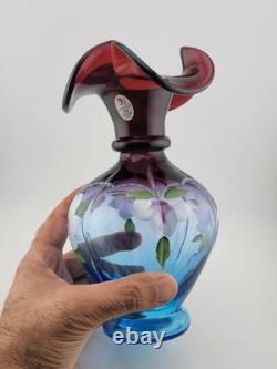 Fenton Mulberry Hex Vase Art Glass Signed George Fenton Rare 1997 Blue to Purple
