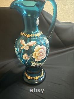 Fenton New Century XXl Art Glass Floral Blue Pitcher Vase Next Millennium Signed