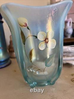 Fenton Opalescent Aquamarine Blue Stretch Glass Square Flip Vase HP Sand Petals