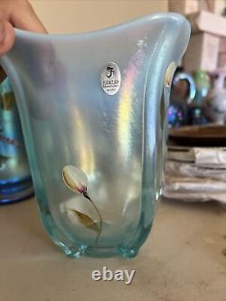 Fenton Opalescent Aquamarine Blue Stretch Glass Square Flip Vase HP Sand Petals