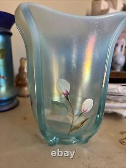 Fenton Opalescent Aquamarine Blue Stretch Glass Square Flip Vase HP Sand Petals