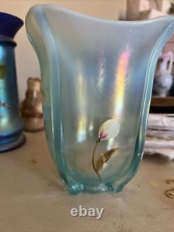 Fenton Opalescent Aquamarine Blue Stretch Glass Square Flip Vase HP Sand Petals