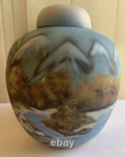 Fenton Satin Glass Ginger Jar Matte Blue Translucent Majestic Mountain Signed