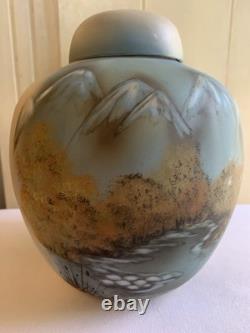 Fenton Satin Glass Ginger Jar Matte Blue Translucent Majestic Mountain Signed