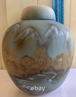 Fenton Satin Glass Ginger Jar Matte Blue Translucent Majestic Mountain Signed
