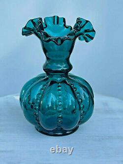 Fenton TEAL beaded melon vase RARE COLOR