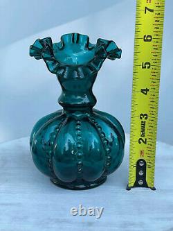 Fenton TEAL beaded melon vase RARE COLOR